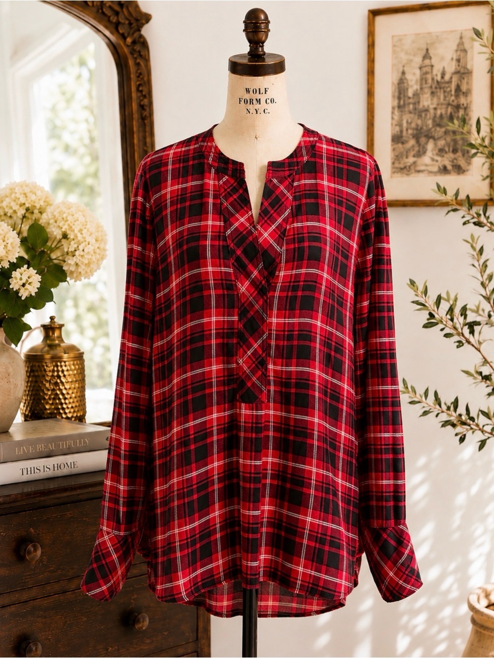 Zac & Rachel NWT Red Black Plaid Tunic Blouse Long Sleeve High Low Top Small